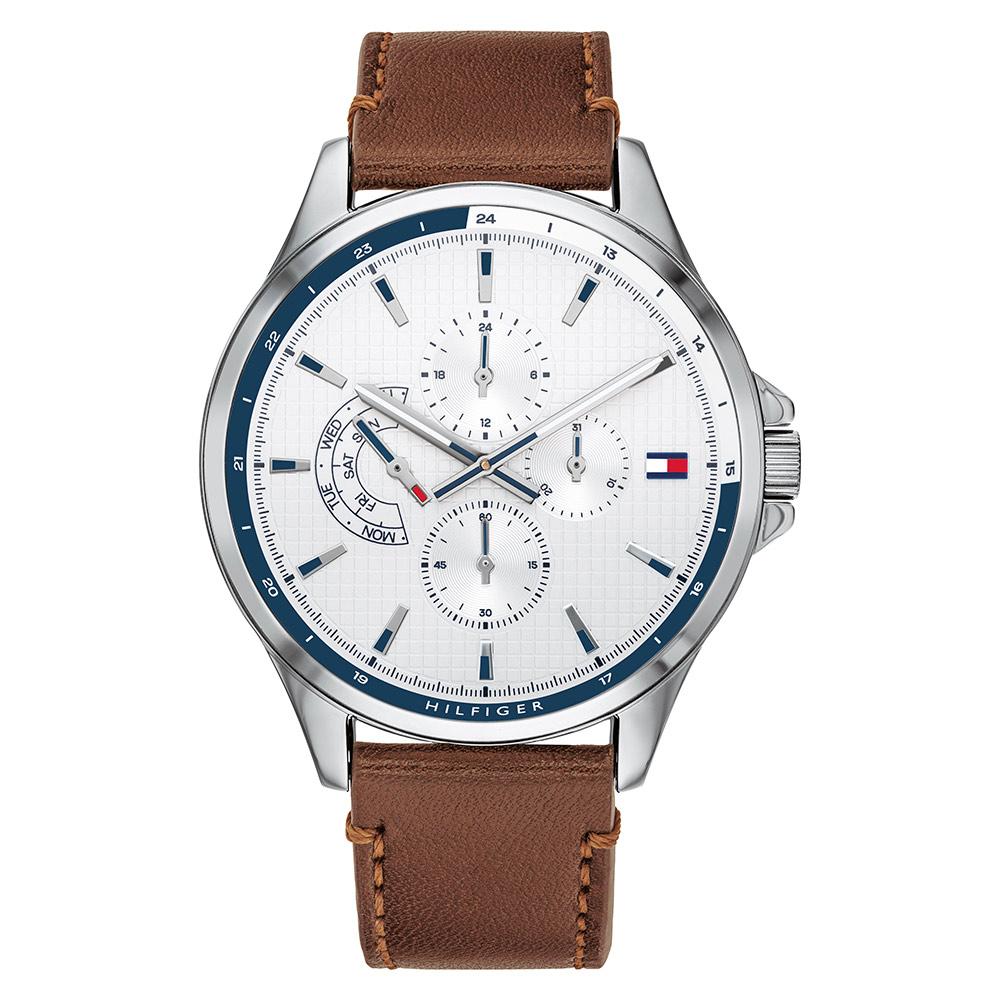 Tommy Hilfiger multi-function men's watch with white dial and brown leather strap