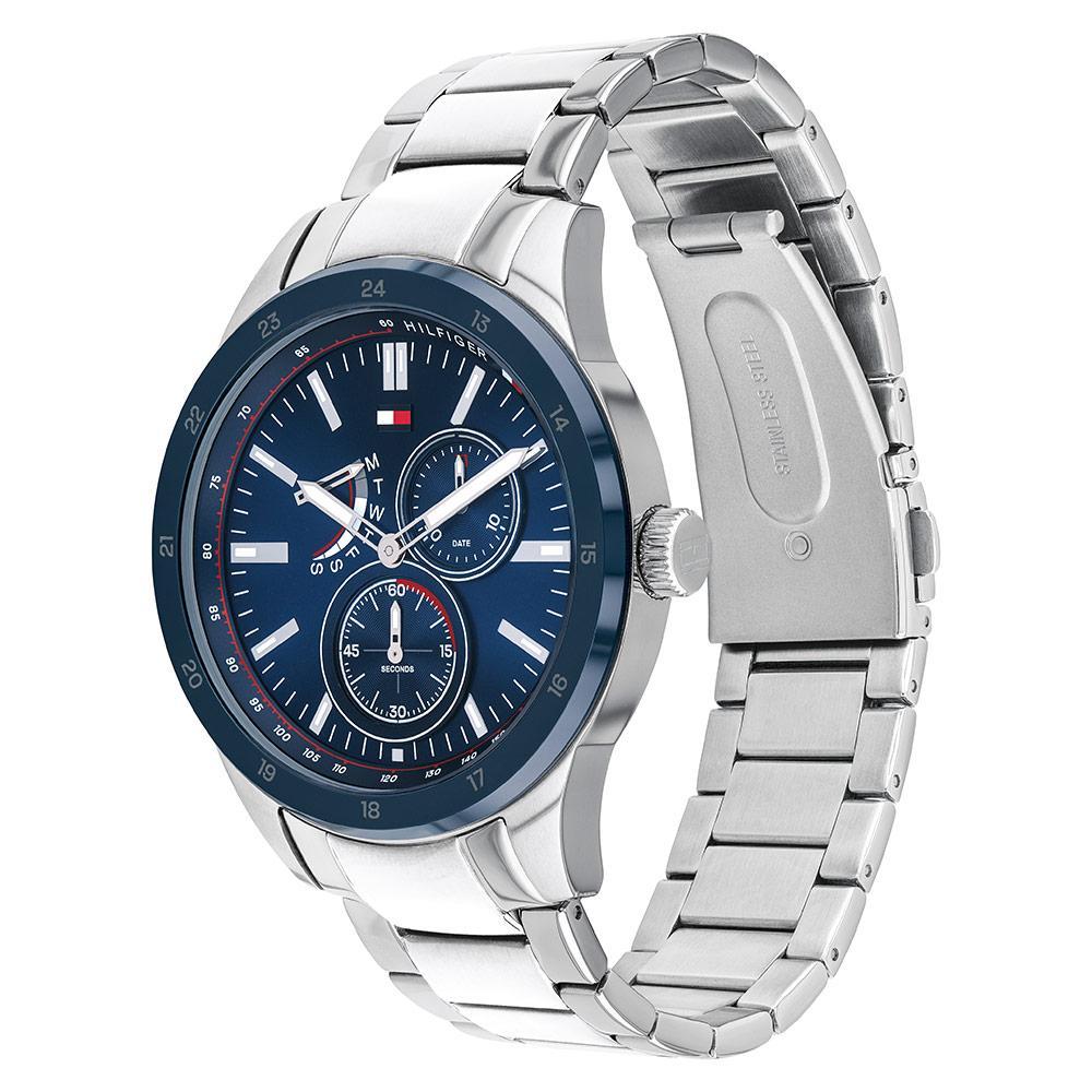 Caseback of Tommy Hilfiger steel watch with engraved branding and logo