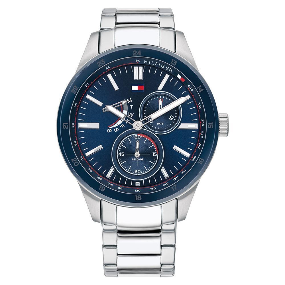 Tommy Hilfiger steel chronograph watch with navy dial, dual subdials, and steel bracelet