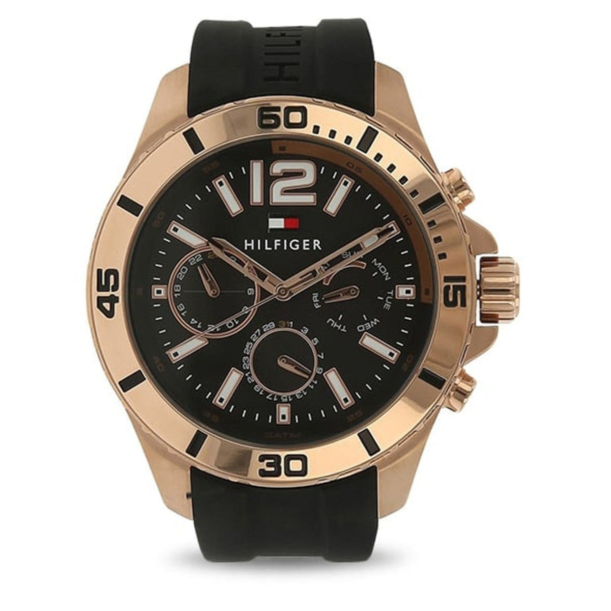 Tommy Hilfiger Nolan chronograph with black dial, rose gold bezel and black silicone bracelet