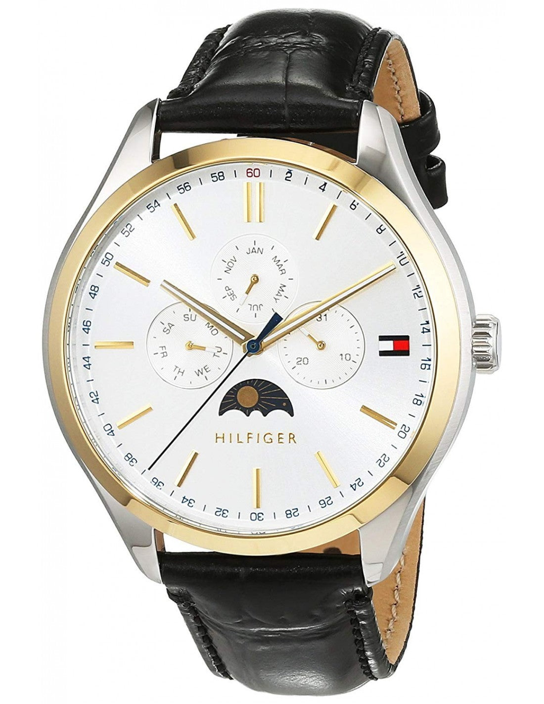 Tommy Hilfiger Oliver men's watch angled view showing two-tone case, white dial with gold accents, and black crocodile-effect leather strap