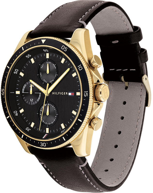 Side angle view of Parker chronograph watch showing gold-tone case and black leather strap