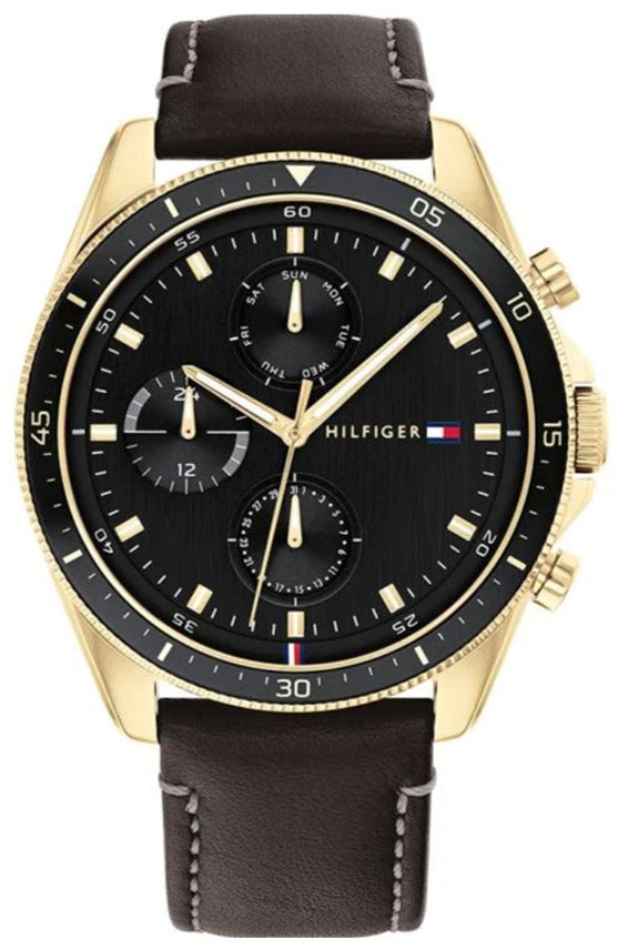 Parker chronograph men's watch with black dial, gold bezel, and dual subdials