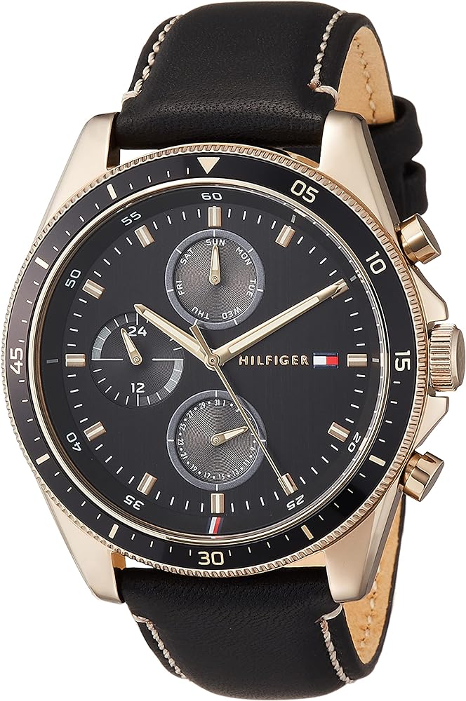 Tommy Hilfiger Parker chronograph watch with black dial, gold case, and brown leather strap