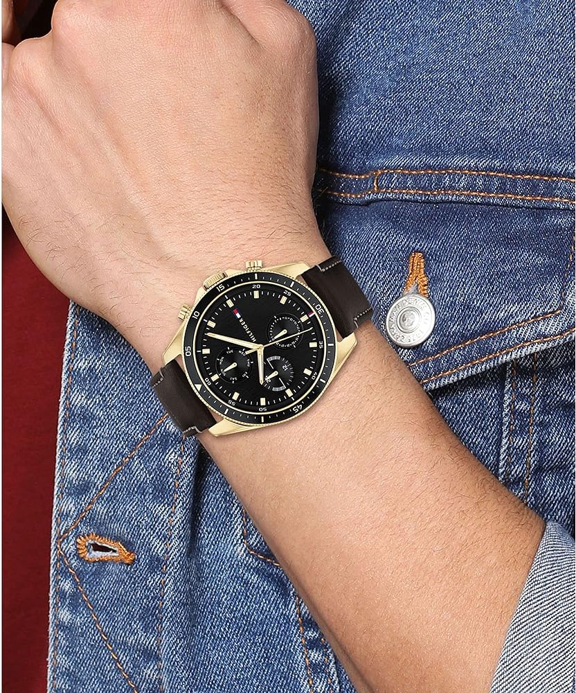 Tommy Hilfiger Parker chronograph watch worn on wrist with black leather strap
