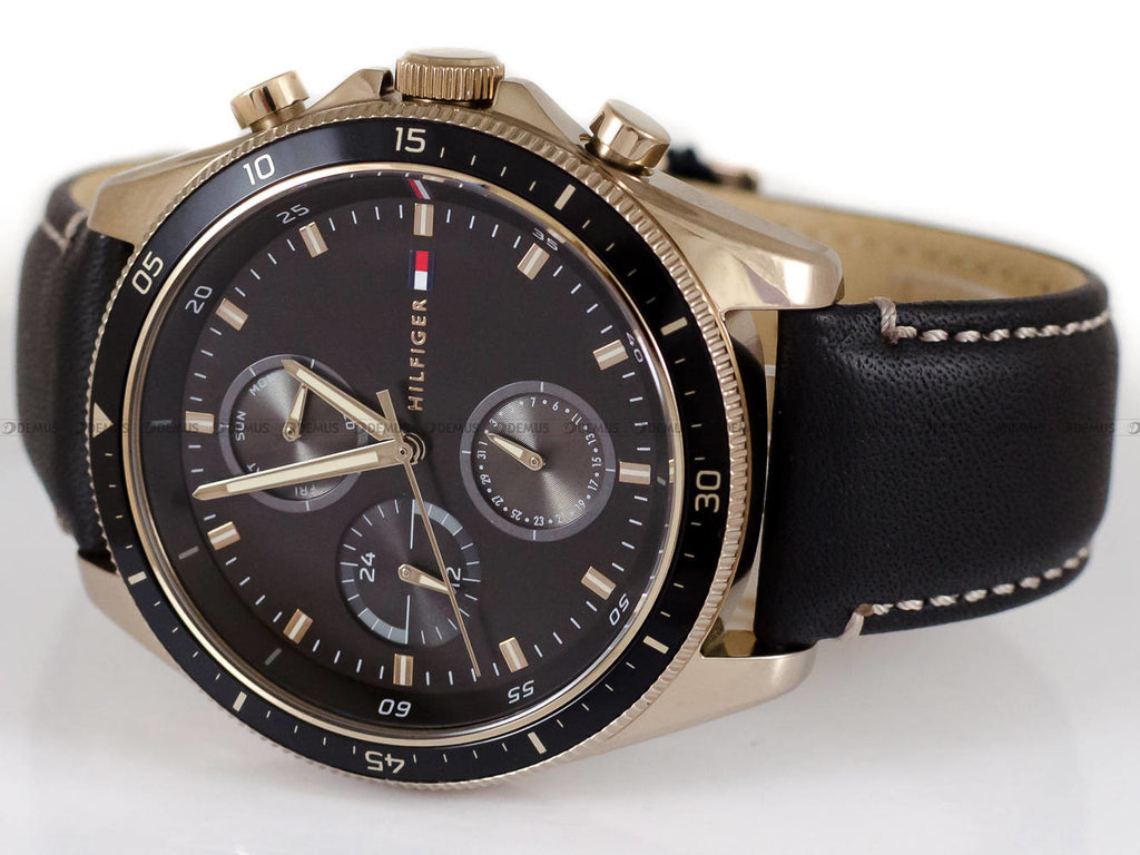 Side profile of Tommy Hilfiger Parker watch showing gold case thickness and black leather strap