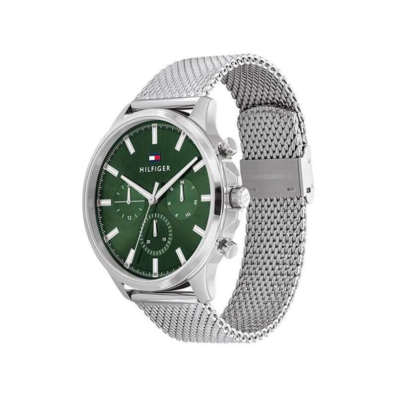 Tommy Hilfiger Ryder watch at angle showing green chronograph dial and mesh band
