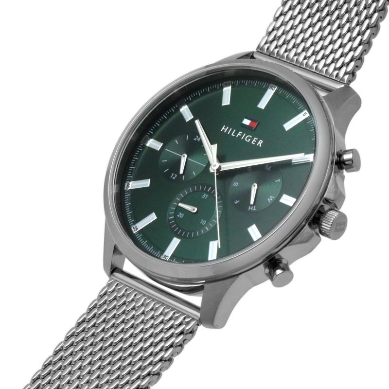 Tommy Hilfiger Ryder chronograph watch on wrist with silver mesh strap