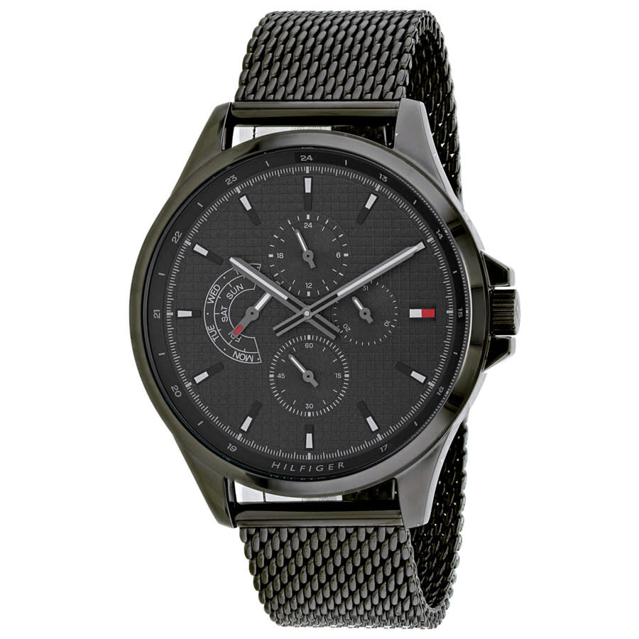 Tommy Hilfiger Shawn watch with grey dial, black mesh strap, and chronograph subdials