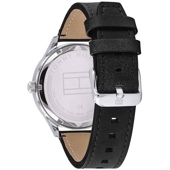 Tommy Hilfiger Spencer caseback showing automatic movement and black leather strap