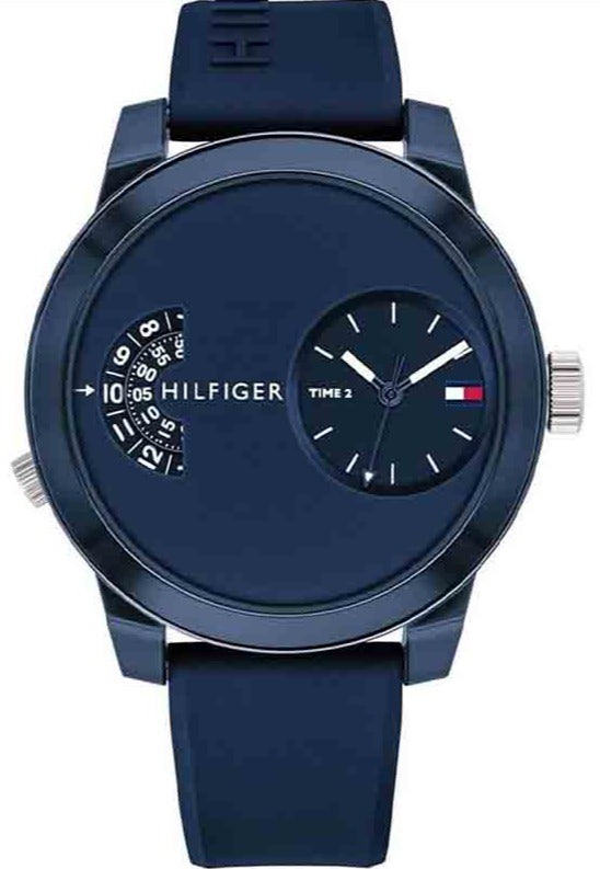 Tommy Hilfiger Sport blue dial men's watch with dual time display and blue strap, front view