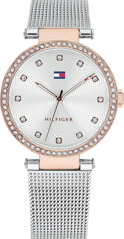 Tommy Hilfiger Sport Lux women's watch with white dial, rose gold case, crystal bezel, and mesh bracelet
