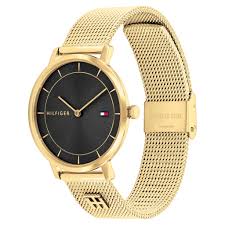 Side angle view of Tommy Hilfiger TEA gold dress watch with mesh strap