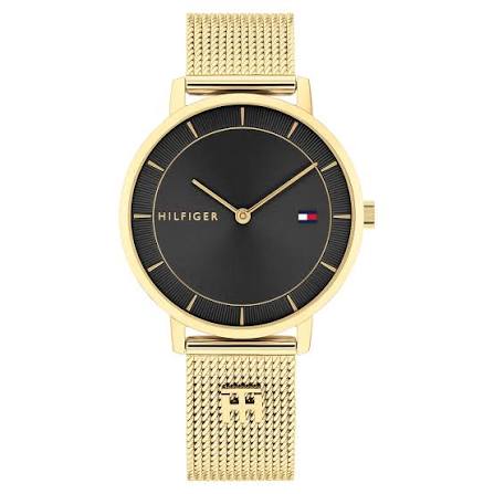 Tommy Hilfiger TEA gold dress watch with black dial and mesh strap