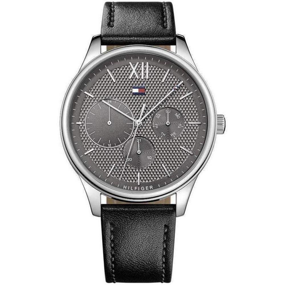 Tommy Hilfiger The Damon men's watch with gray dial, chronograph subdials, and black leather strap