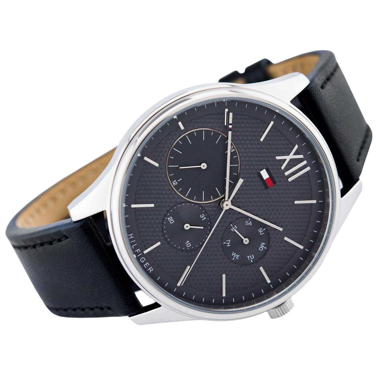 Tommy Hilfiger The Damon watch on wrist showing chronograph dial and black leather band