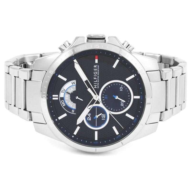 Tommy Hilfiger The Decker chronograph watch angled view with blue dial and steel bracelet