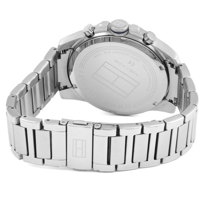 Case back of Tommy Hilfiger The Decker watch showing stainless steel with engraved details