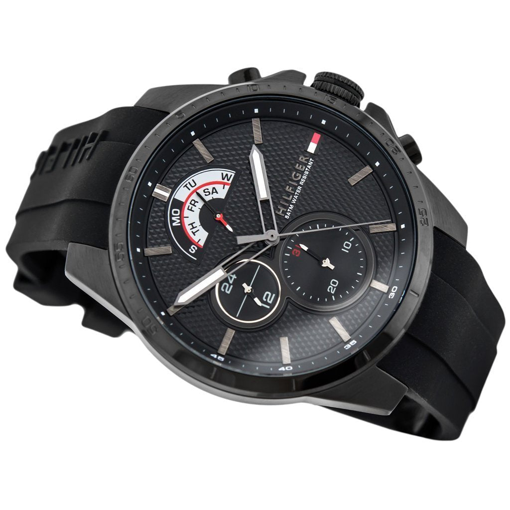 Tommy Hilfiger Decker chronograph watch at angle showing dial and black rubber band