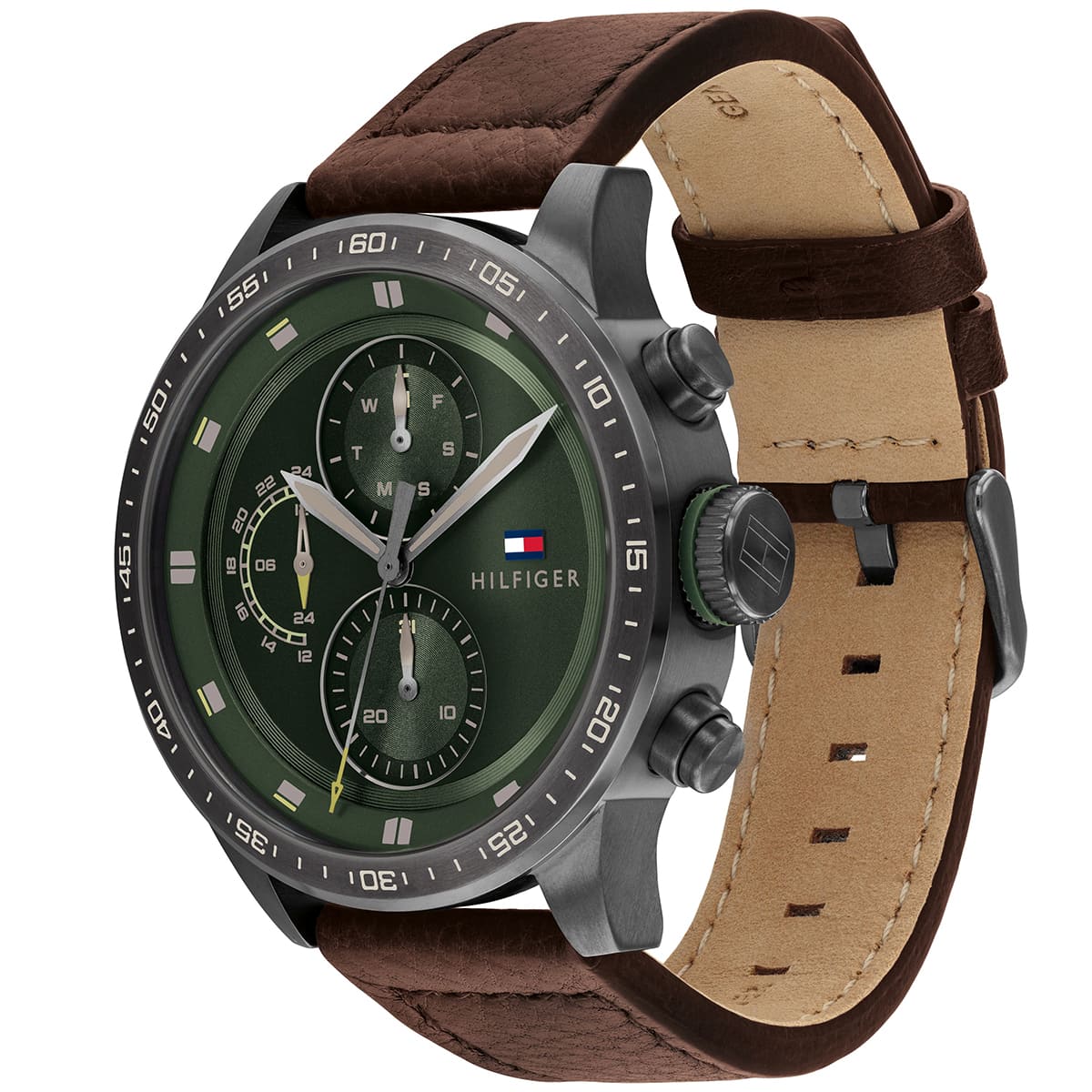 Tommy Hilfiger Quartz Leather Strap Green Dial 46mm Men's Watch 1791809