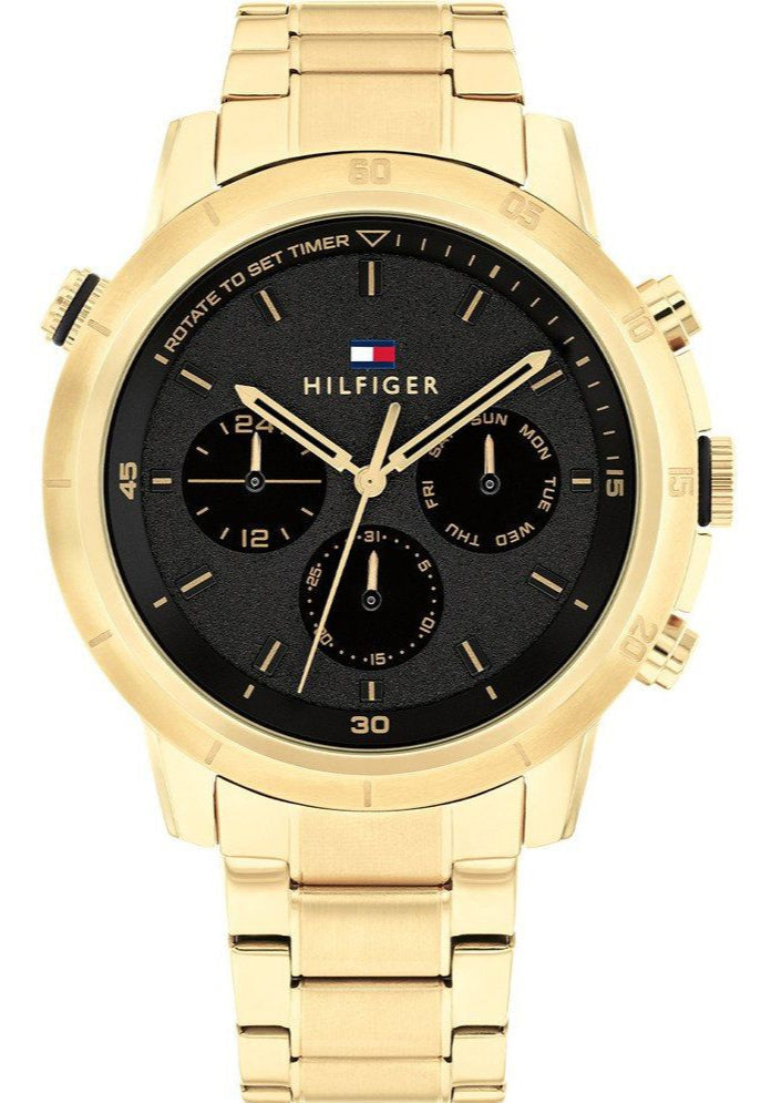 Tommy Hilfiger Troy chronograph watch with black dial and gold steel bracelet