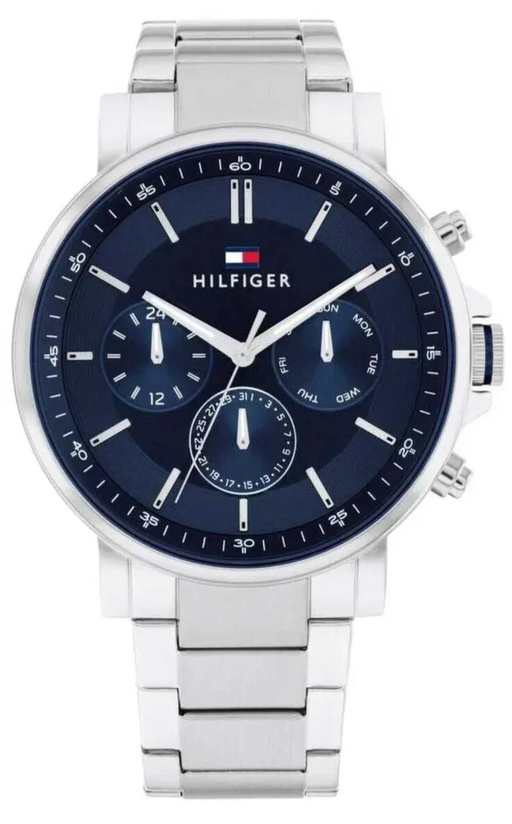 Tommy Hilfiger Tyson chronograph watch with blue dial and silver steel bracelet
