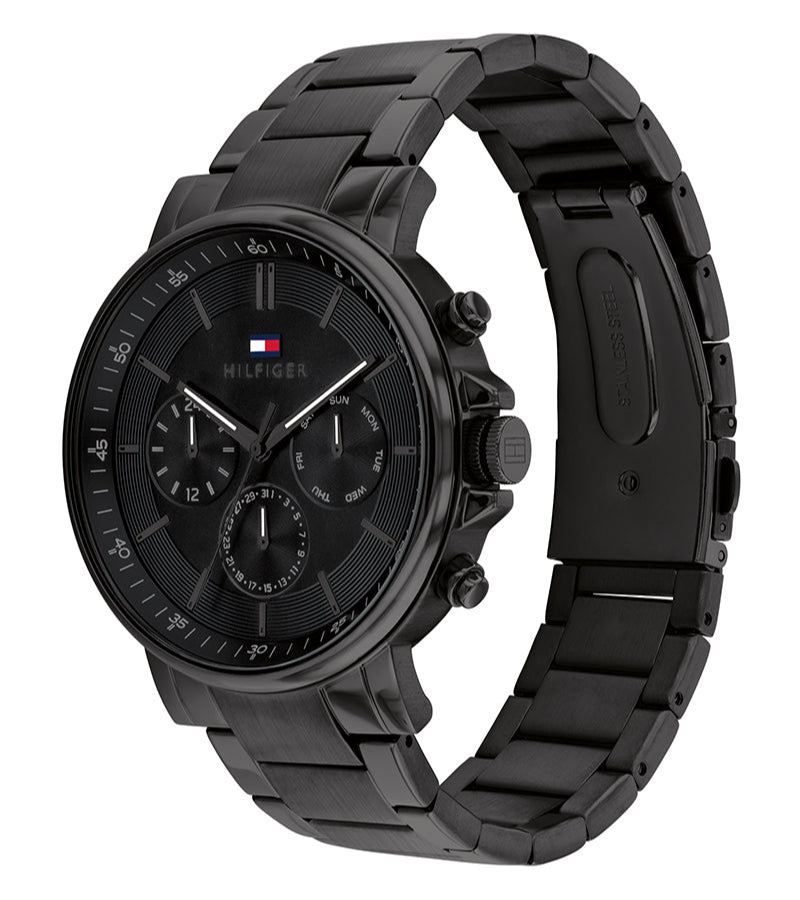 Tommy Hilfiger TYSON watch side profile view showing black steel bracelet and case