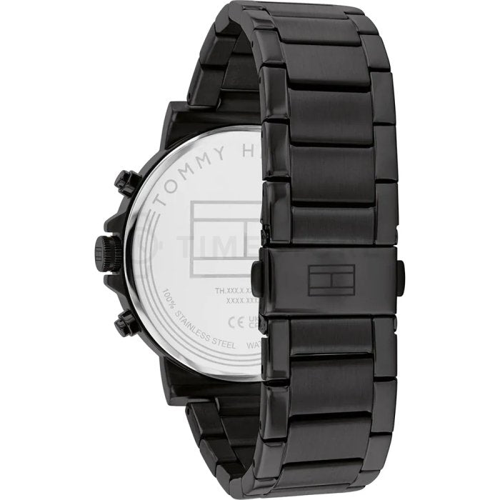 Tommy Hilfiger TYSON watch caseback showing stainless steel construction and specifications