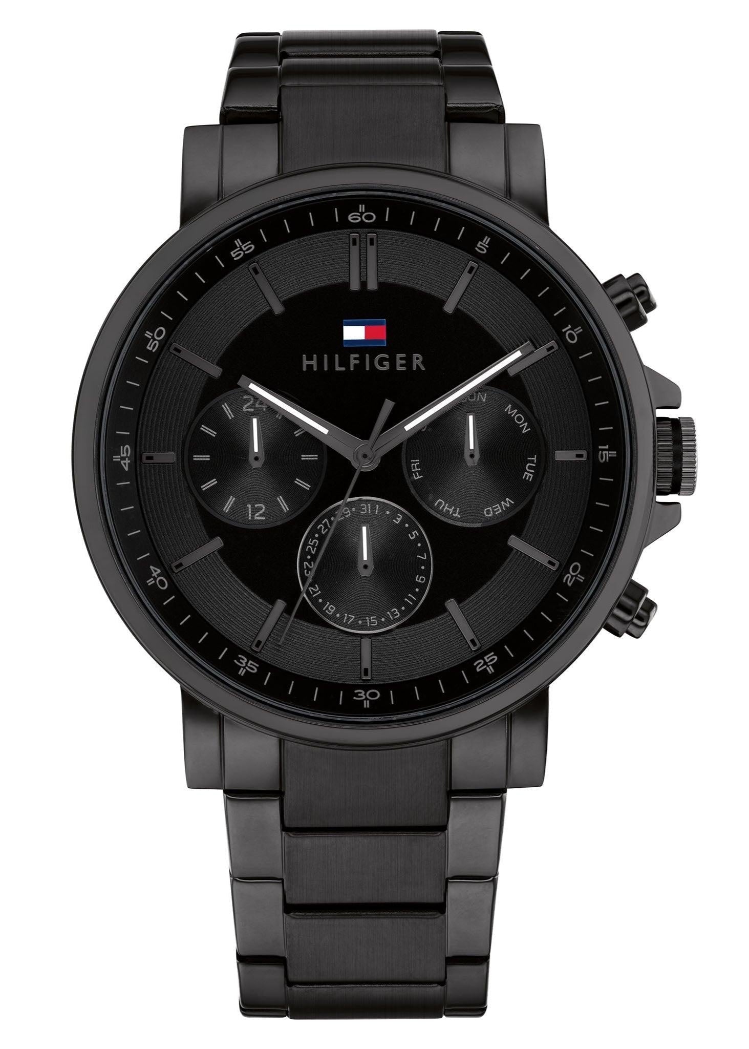 Tommy Hilfiger TYSON black men's multifunction watch with chronograph subdials and steel bracelet