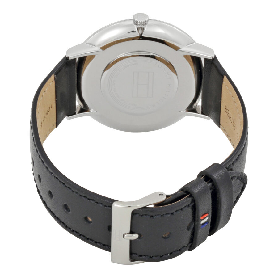 Tommy Hilfiger watch caseback showing stainless steel back and black leather strap