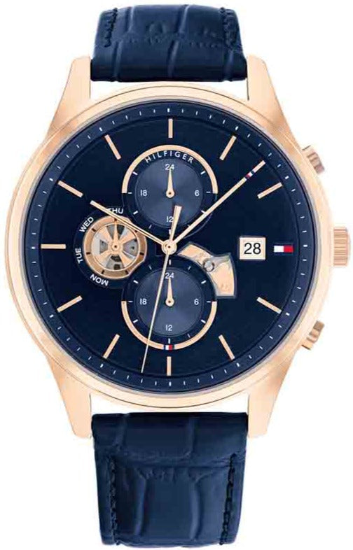 Tommy Hilfiger Weston chronograph watch with blue dial and rose gold case