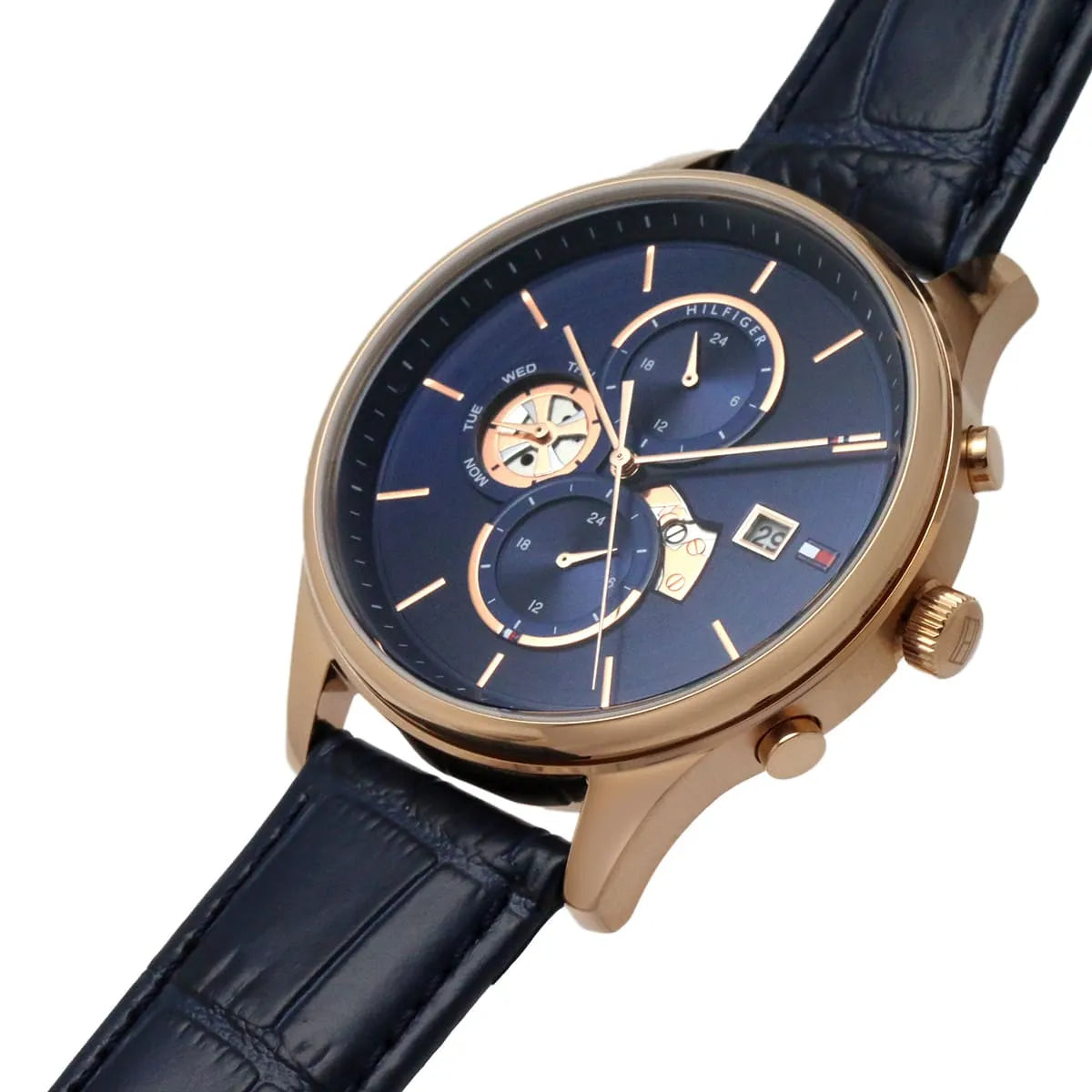 Tommy Hilfiger Weston watch worn on wrist displaying blue dial and leather strap
