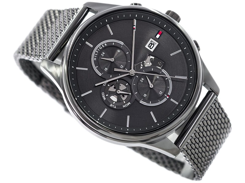 Tommy Hilfiger Weston chronograph watch angled view with mesh band and black dial