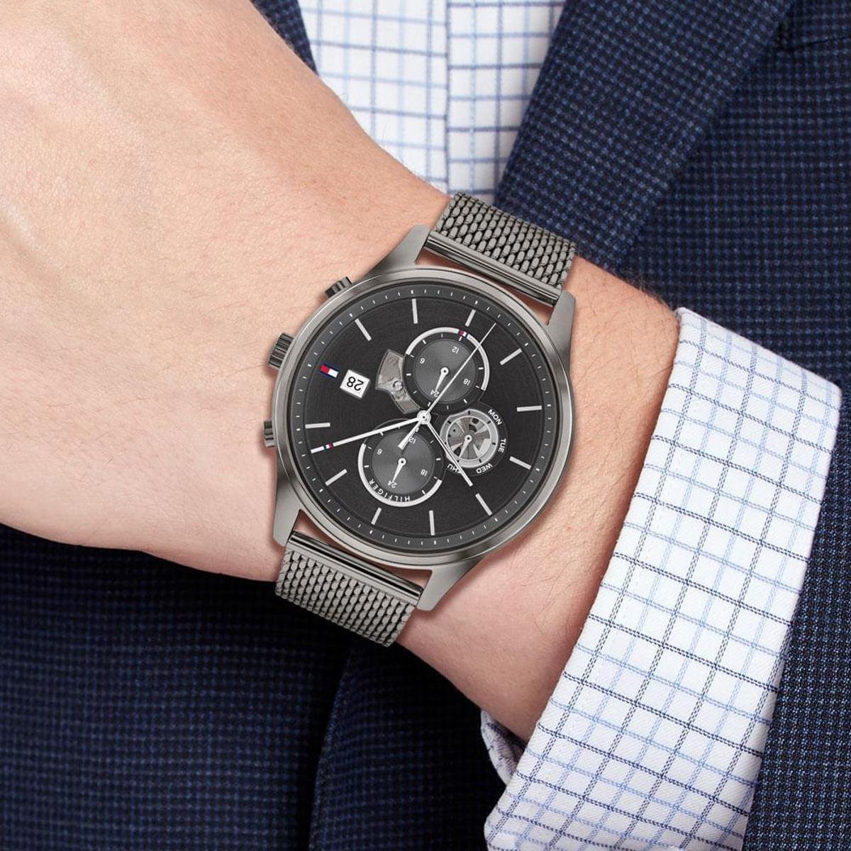 Tommy Hilfiger Weston chronograph watch worn on wrist with mesh bracelet
