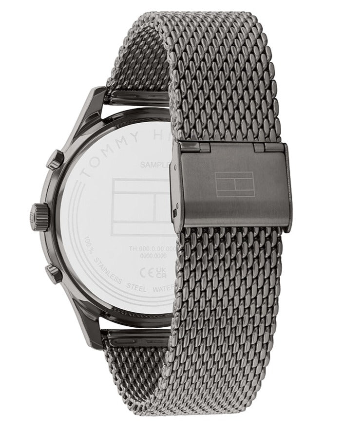 Tommy Hilfiger Weston gunmetal steel mesh bracelet and caseback detail