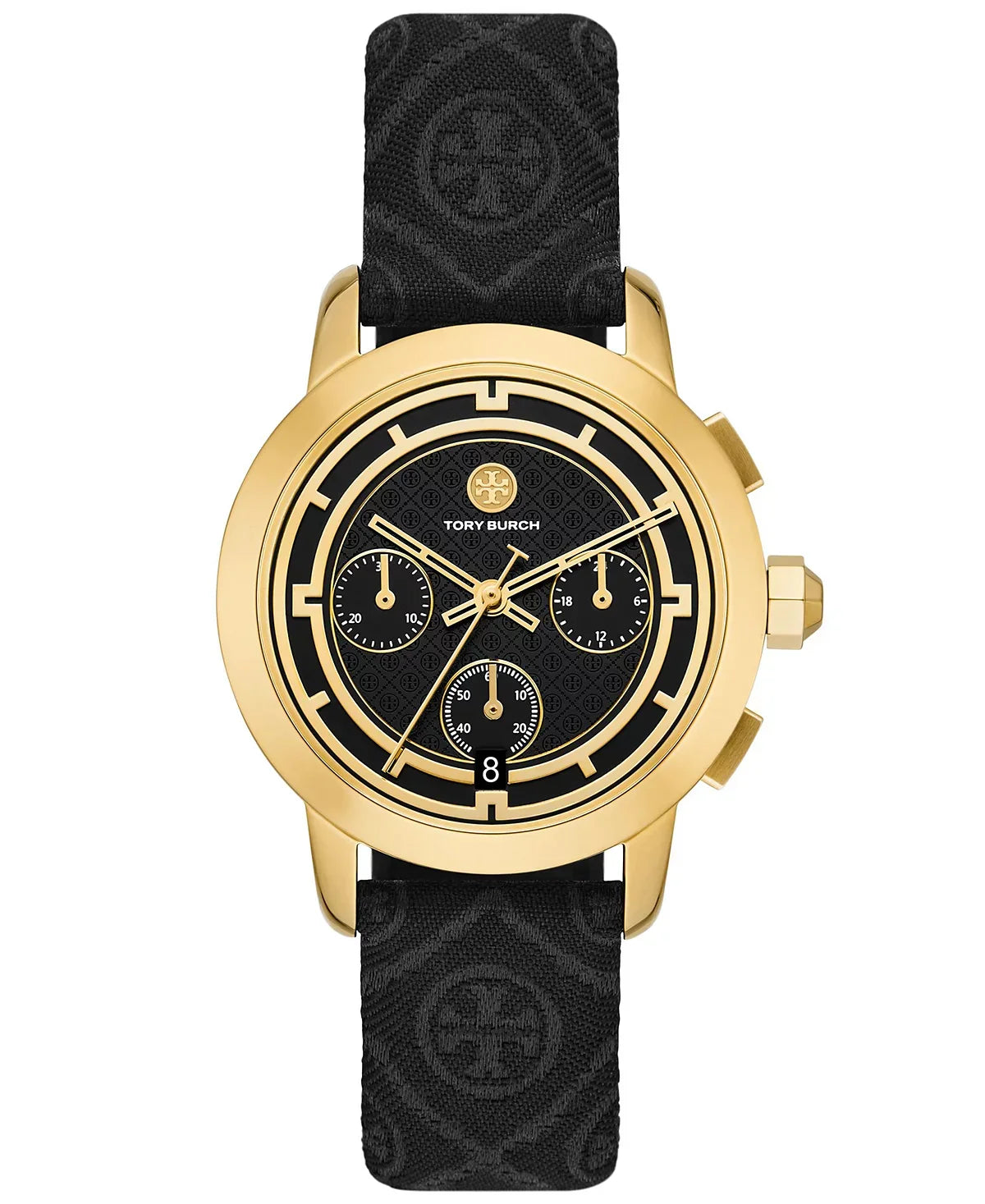 Gold-tone chronograph watch with black monogram jacquard leather strap and three subdials