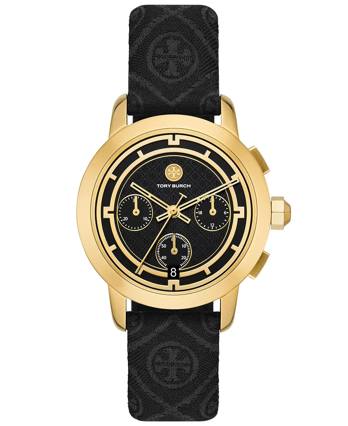 Gold-tone chronograph watch with black monogram jacquard leather strap and three subdials