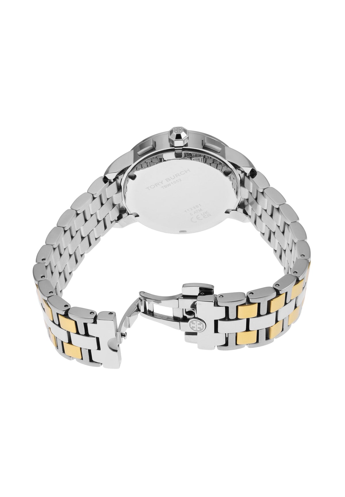 Back view of Tory Burch Classic Chronograph watch showing stainless steel caseback