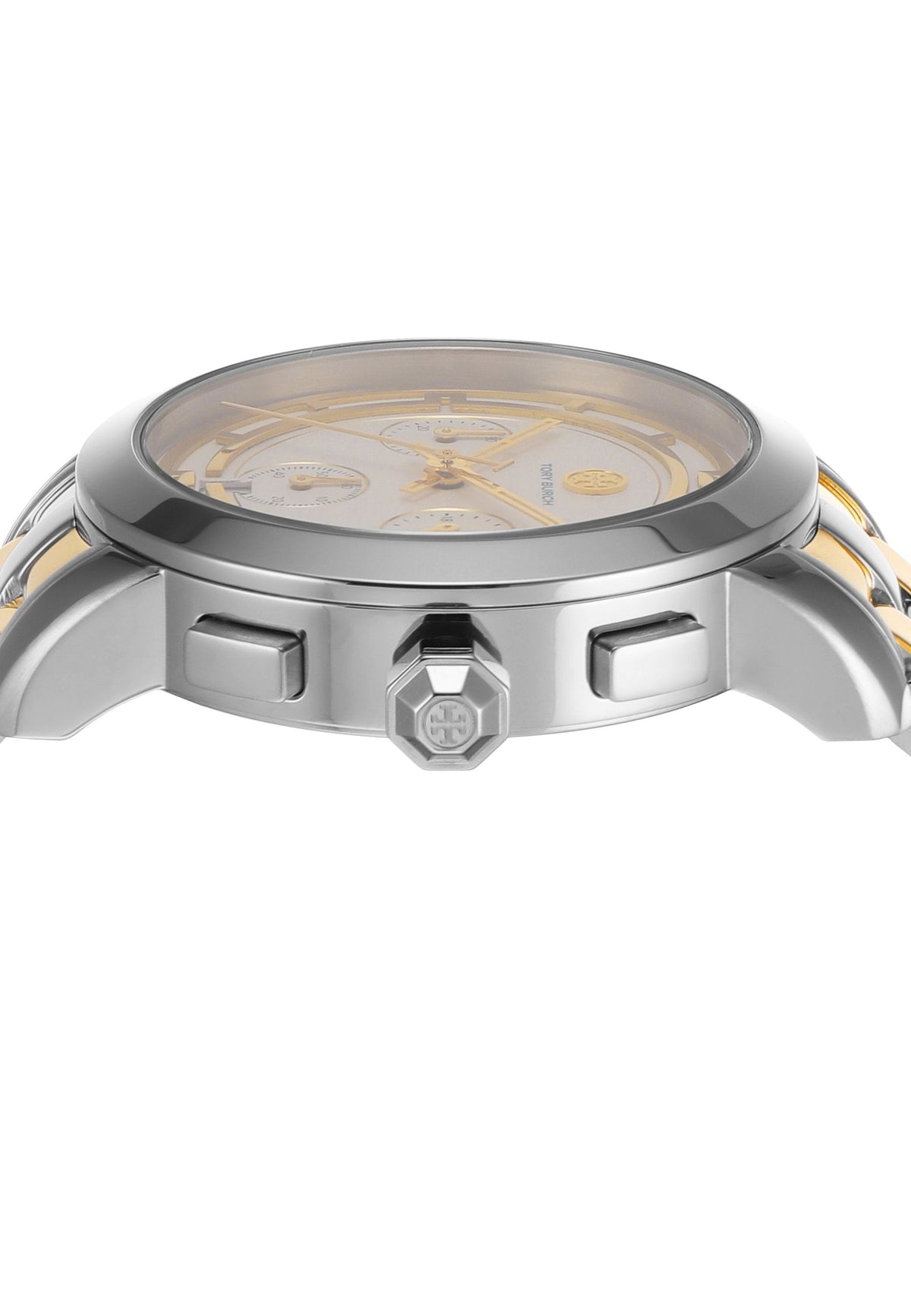 Close-up of Tory Burch TBW1034 dial with chronograph subdials and gold accents