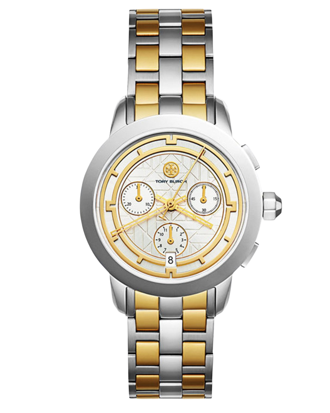 Tory Burch Classic two-tone chronograph watch with gold and silver strap and white dial