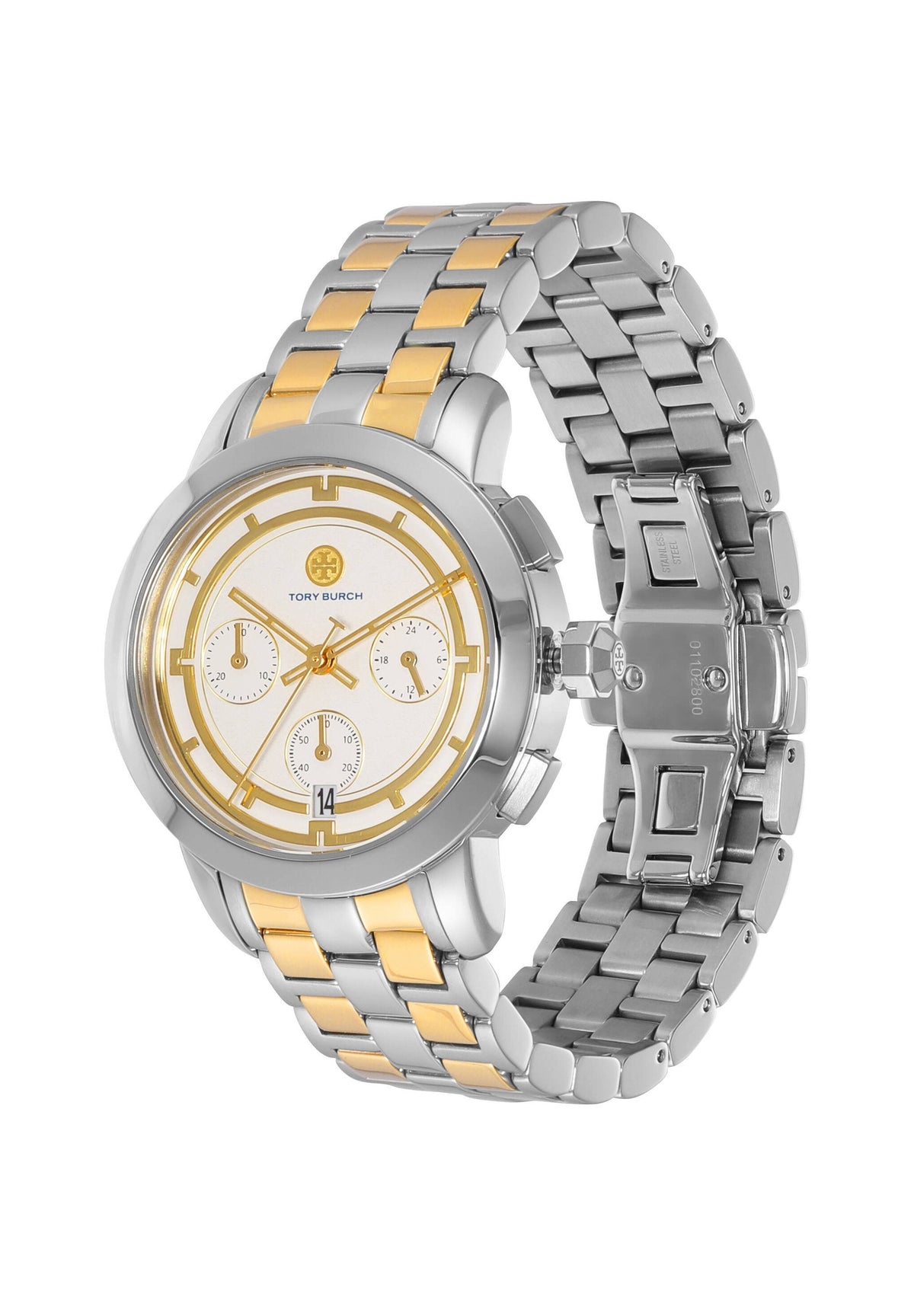 Angled view of Tory Burch Classic Chronograph watch with two-tone metal bracelet