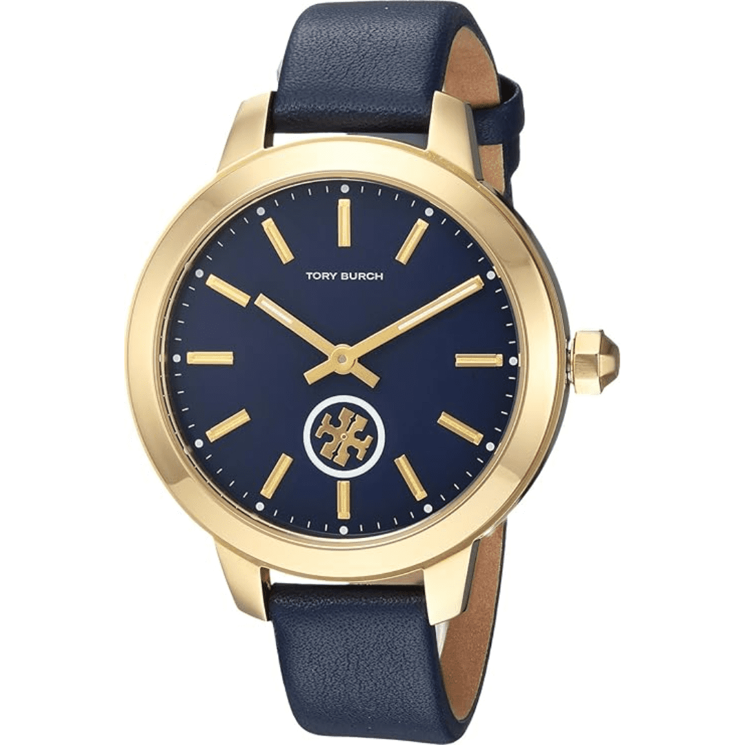 Tory Burch Collins 38mm watch with blue dial, gold-tone case, and navy leather strap