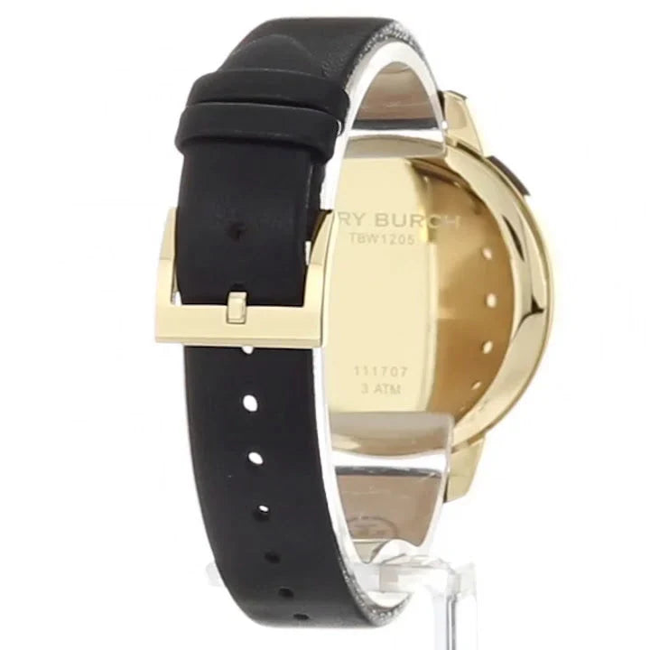 Tory Burch Collins watch showing leather strap attachment and caseback detail