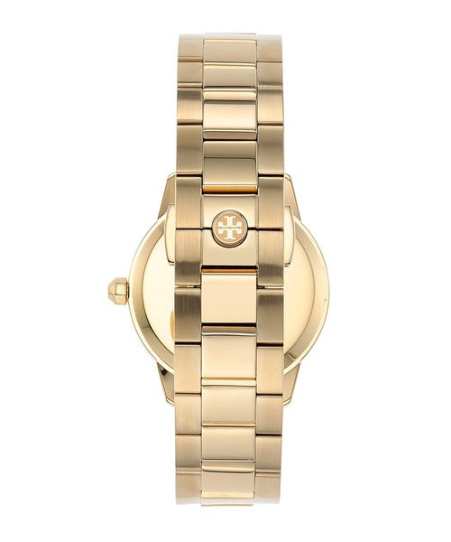 Tory Burch Collins watch caseback view showing yellow gold bracelet and case