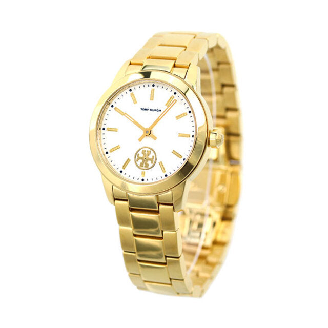Tory Burch Collins yellow gold women's watch displayed at angle showing dial and case