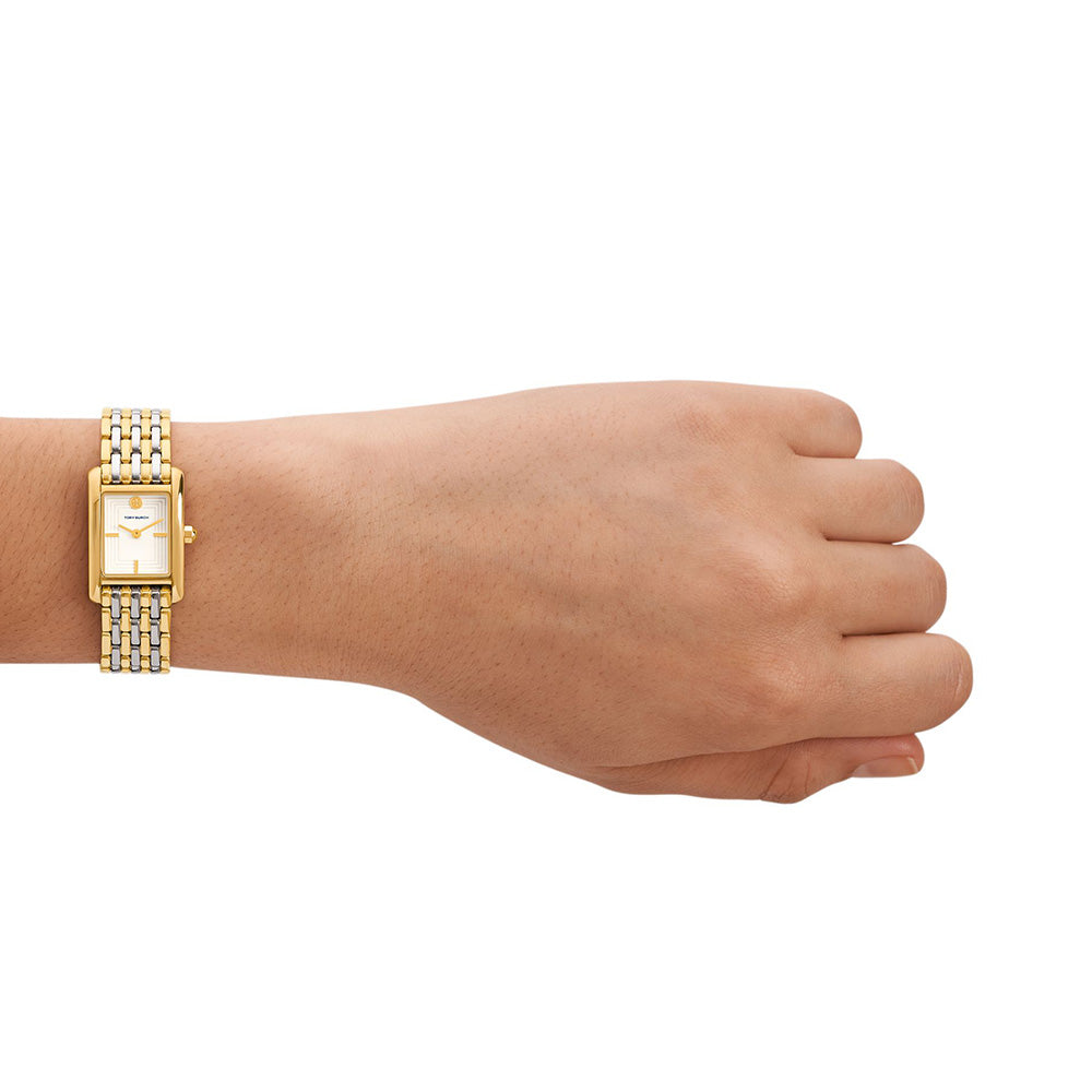Tory Burch Eleanor watch worn on wrist showing cream dial and two-tone bracelet