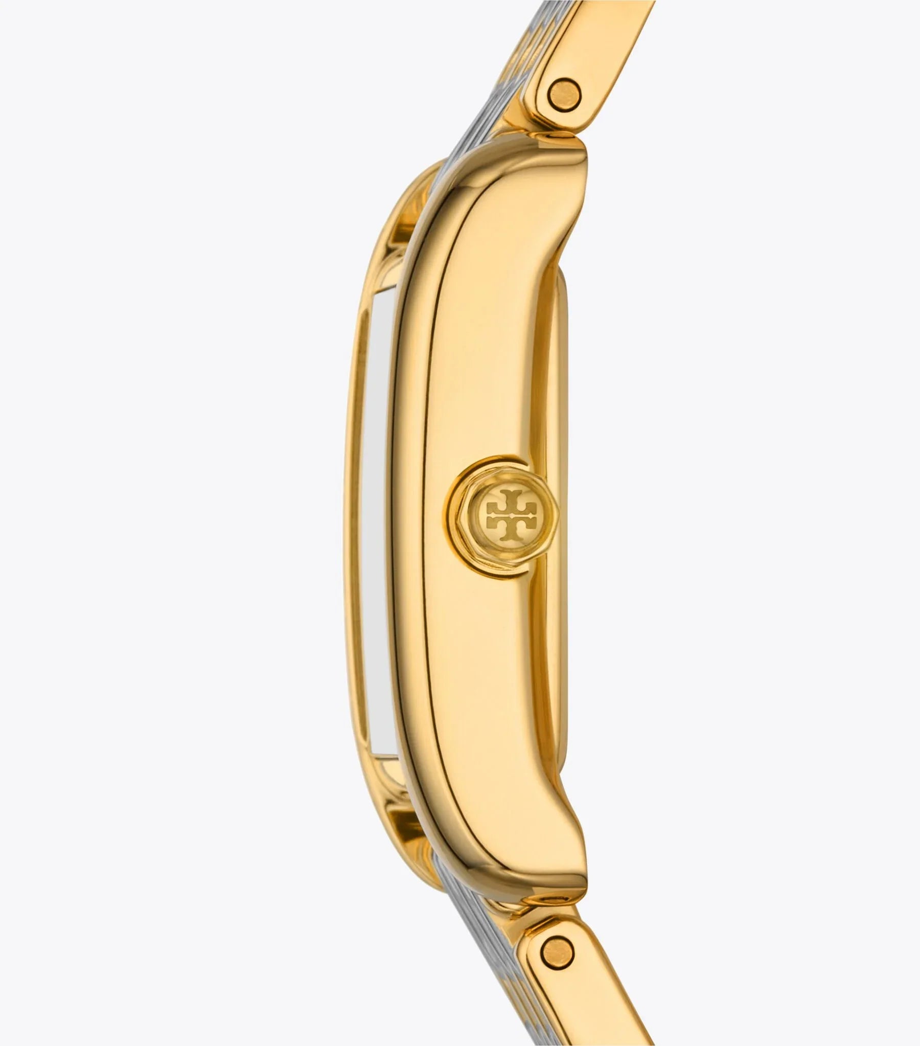 Side profile of Tory Burch Eleanor watch showing gold-tone case with Tory Burch logo