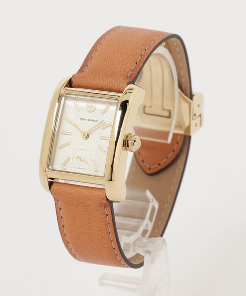 Tory Burch Eleanor TBW1068 watch at angle showing side profile with gold case and cream underside of strap