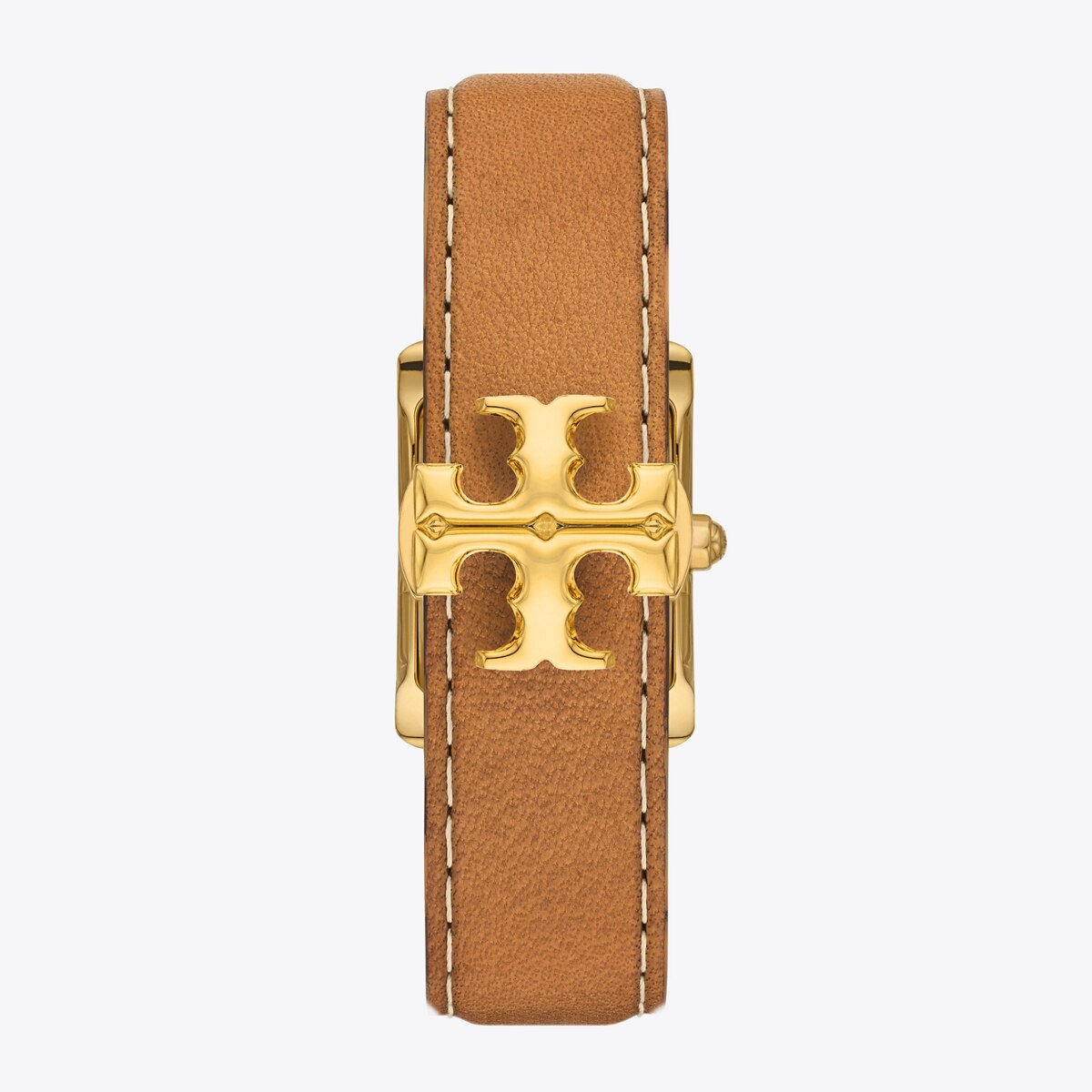 Tory Burch Eleanor TBW1068 watch caseback detail with brown leather strap and gold-tone signature T buckle