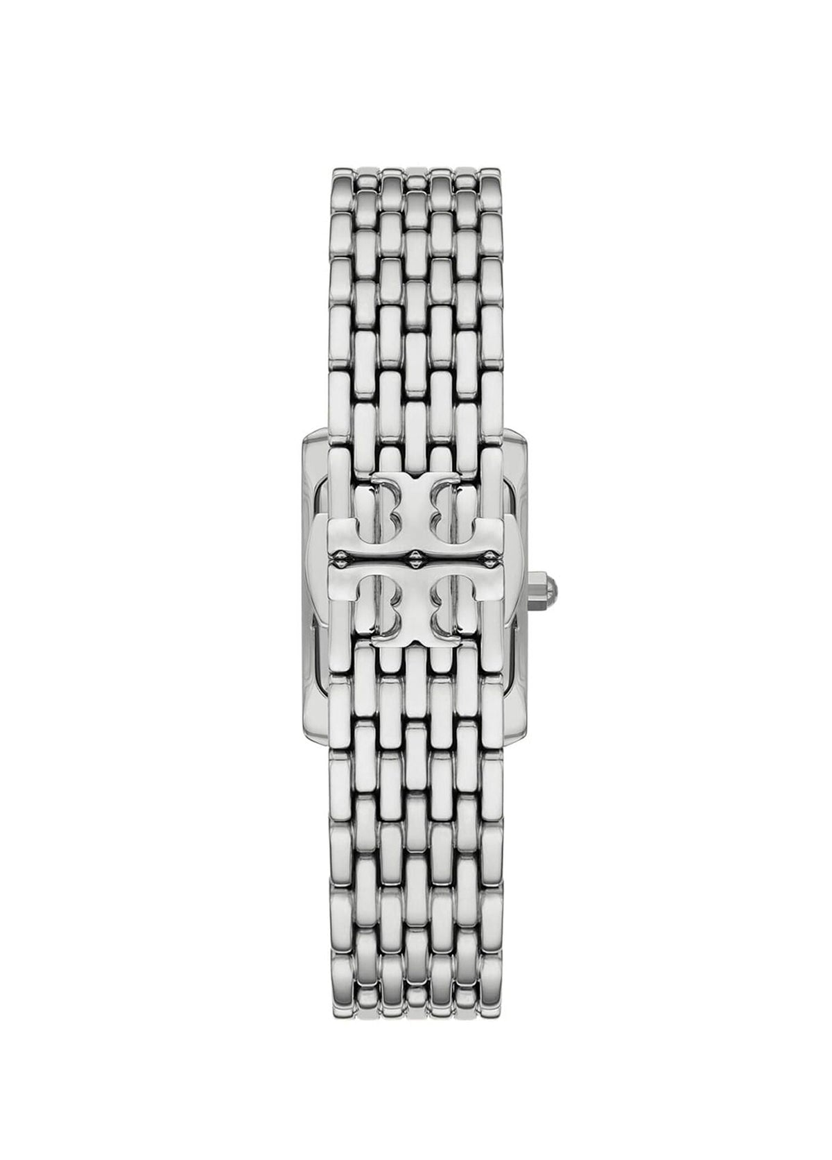 Overhead angle view of Tory Burch Eleanor watch with baby sky blue dial